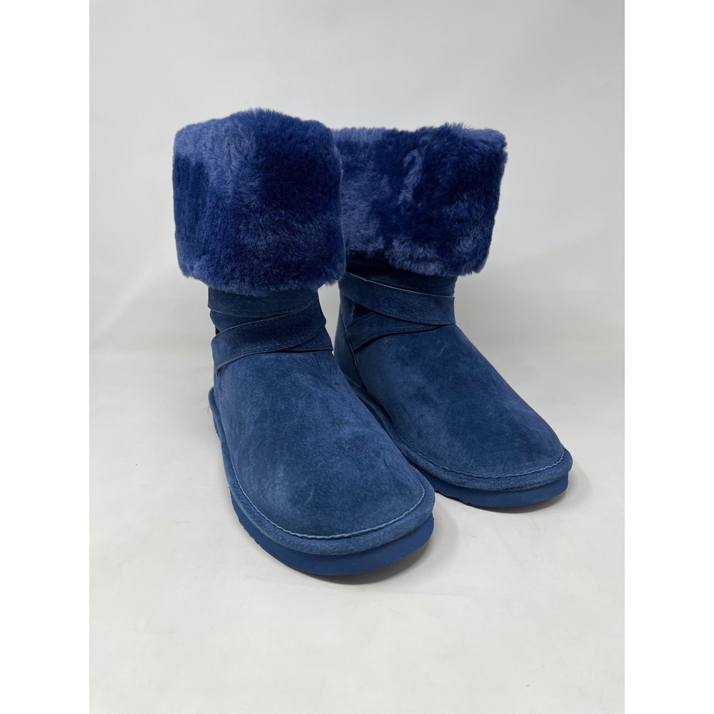 Lamo Womens Savoy Boots Size 8 Navy Blue Faux Fur Suede Wrap